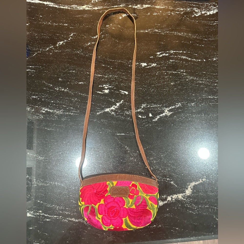 Guatemala Embroidered Floral Crossbody Bag with Brown Trim